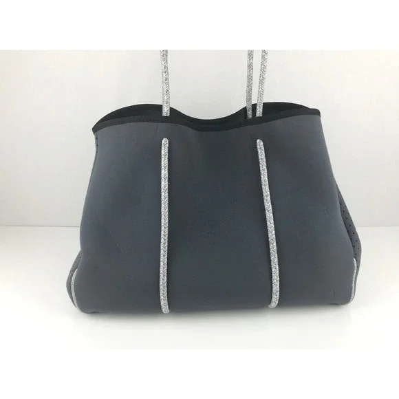 QOGIR Gray Neoprene Tote Bag Red White Stripe‎ Beach Travel Zipper Pouch - Picture 5 of 16